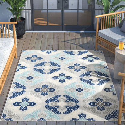 Loewy Modern Geometric Indoor/Outdoor Blue High-Low Rug Well Woven
