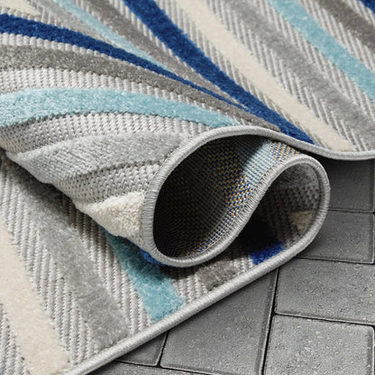 Neema Modern Chevron Striped Indoor/Outdoor Grey Blue High-Low Rug Well Woven