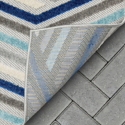 Neema Modern Chevron Striped Indoor/Outdoor Grey Blue High-Low Rug Well Woven