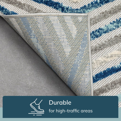Neema Modern Chevron Striped Indoor/Outdoor Grey Blue High-Low Rug Well Woven