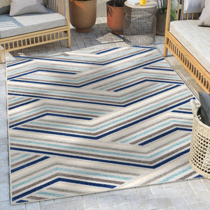 Neema Modern Chevron Striped Indoor/Outdoor Grey Blue High-Low Rug Well Woven