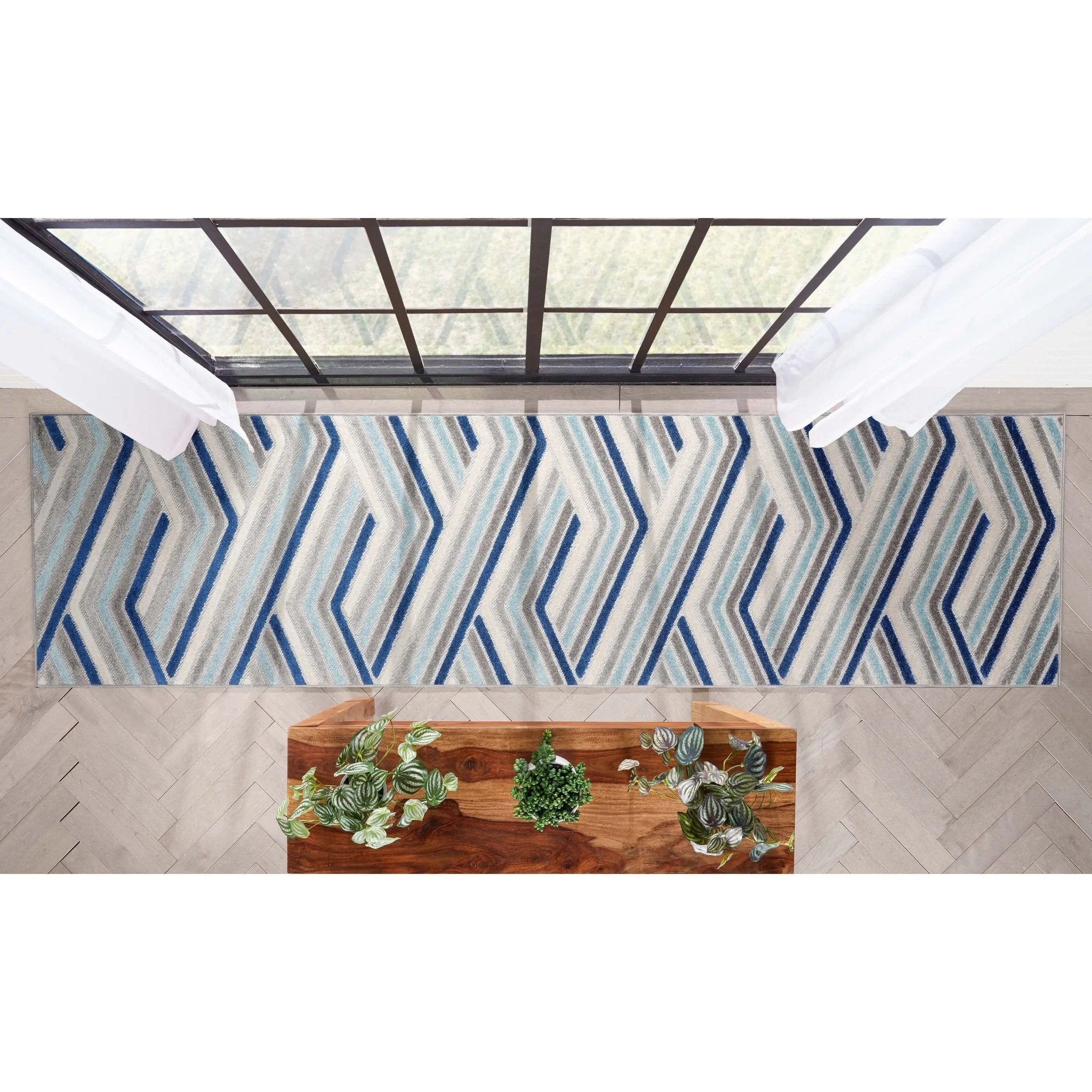 Neema Modern Chevron Striped Indoor/Outdoor Grey Blue High-Low Rug Well Woven