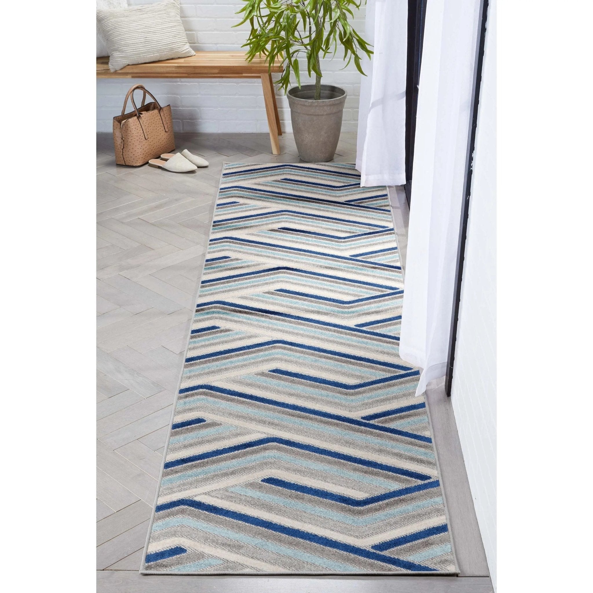 Neema Modern Chevron Striped Indoor/Outdoor Grey Blue High-Low Rug Well Woven