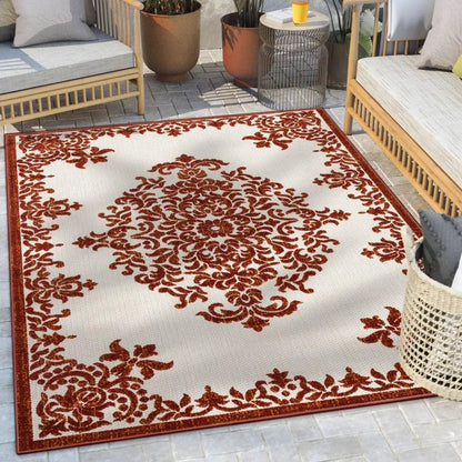 Arid Modern Medallion Persian Indoor/Outdoor Terracotta High-Low Rug Well Woven
