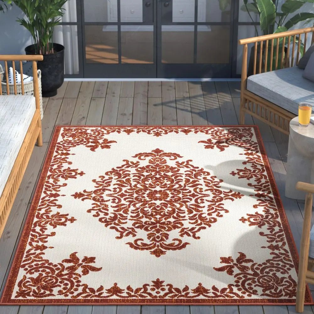 Arid Modern Medallion Persian Indoor/Outdoor Terracotta High-Low Rug Well Woven