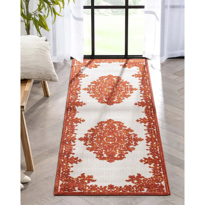 Arid Modern Medallion Persian Indoor/Outdoor Terracotta High-Low Rug Well Woven