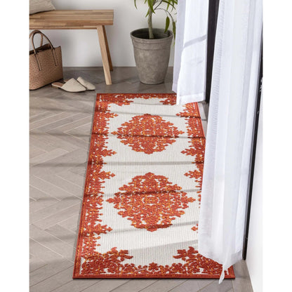 Arid Modern Medallion Persian Indoor/Outdoor Terracotta High-Low Rug Well Woven