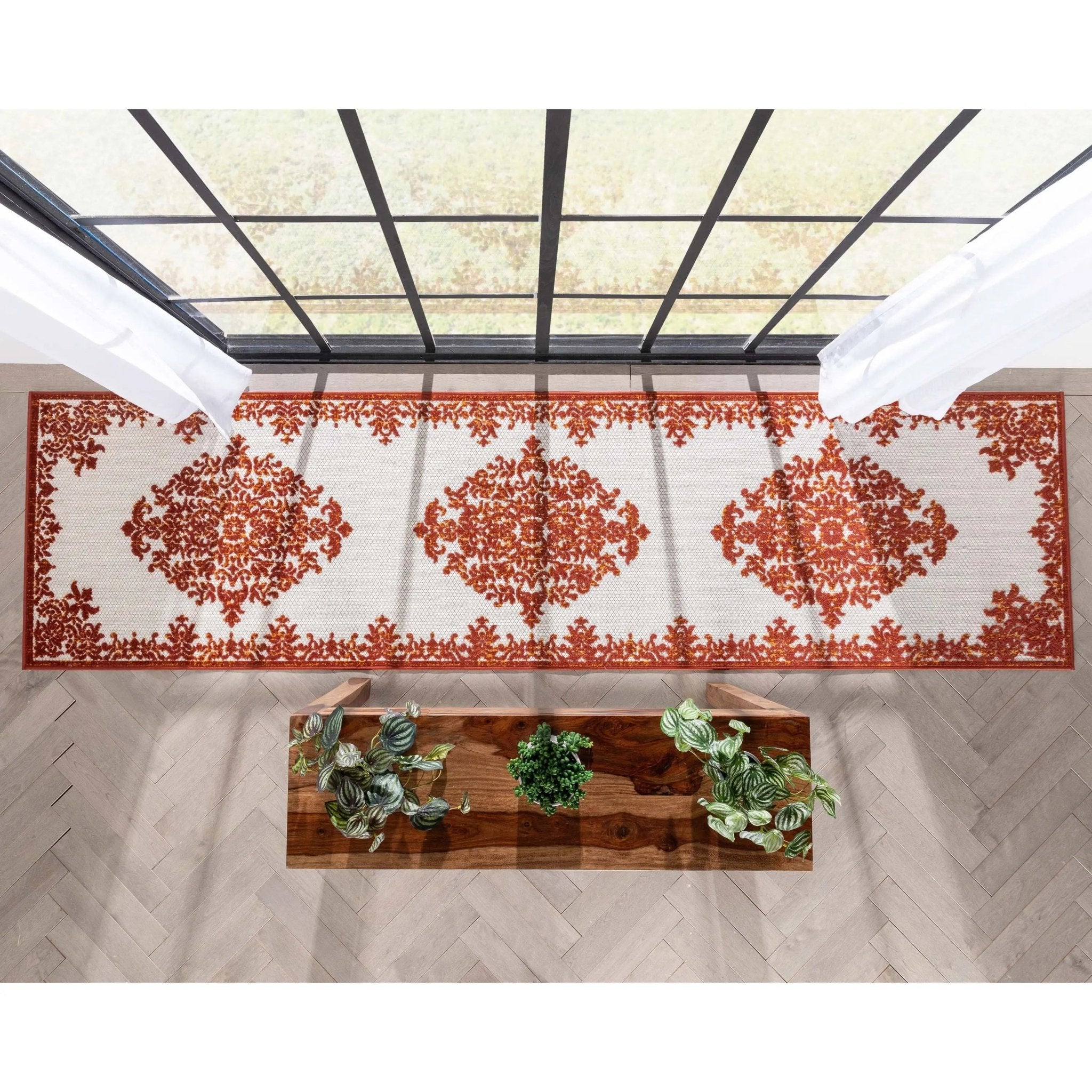 Arid Modern Medallion Persian Indoor/Outdoor Terracotta High-Low Rug Well Woven