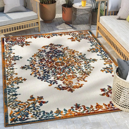 Arid Modern Medallion Persian Indoor/Outdoor Ivory High-Low Rug Well Woven