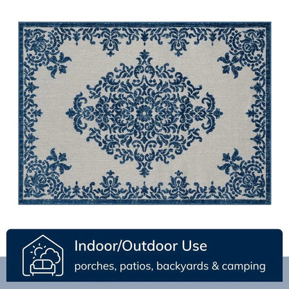 Arid Modern Medallion Persian Indoor/Outdoor Blue High-Low Rug Well Woven