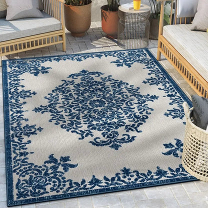 Arid Modern Medallion Persian Indoor/Outdoor Blue High-Low Rug Well Woven