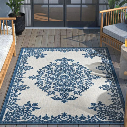 Arid Modern Medallion Persian Indoor/Outdoor Blue High-Low Rug Well Woven