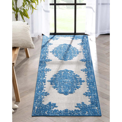 Arid Modern Medallion Persian Indoor/Outdoor Blue High-Low Rug Well Woven