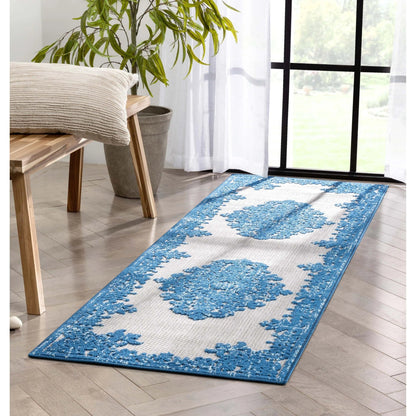 Arid Modern Medallion Persian Indoor/Outdoor Blue High-Low Rug Well Woven