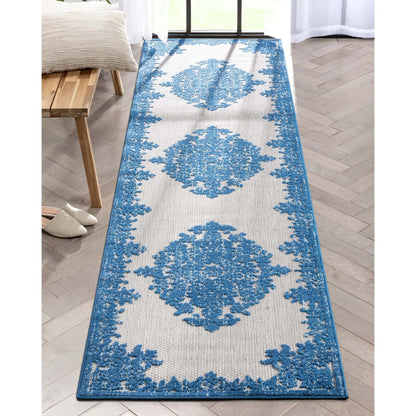 Arid Modern Medallion Persian Indoor/Outdoor Blue High-Low Rug Well Woven