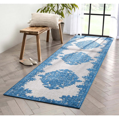 Arid Modern Medallion Persian Indoor/Outdoor Blue High-Low Rug Well Woven
