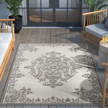 Arid Modern Medallion Persian Indoor/Outdoor Grey High-Low Rug Well Woven