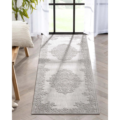 Arid Modern Medallion Persian Indoor/Outdoor Grey High-Low Rug Well Woven