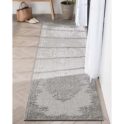 Arid Modern Medallion Persian Indoor/Outdoor Grey High-Low Rug Well Woven