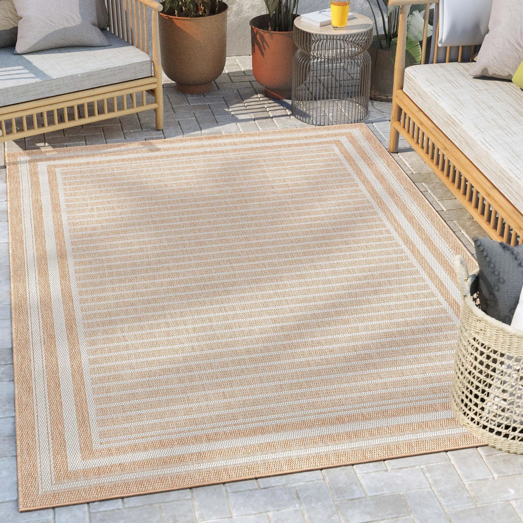 Frankie Modern Stripes Indoor/Outdoor Beige Textured Rug Well Woven