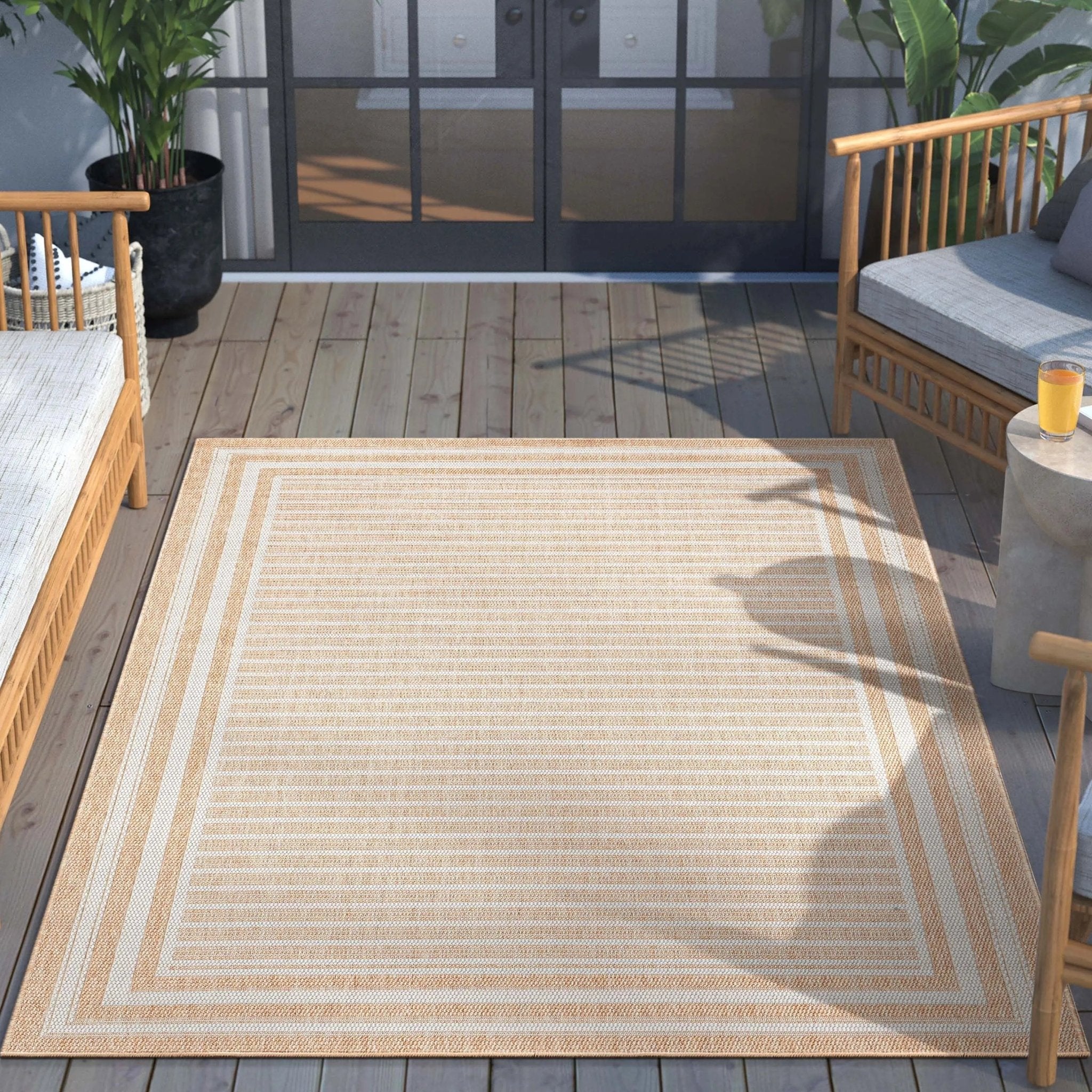 Frankie Modern Stripes Indoor/Outdoor Beige Textured Rug Well Woven