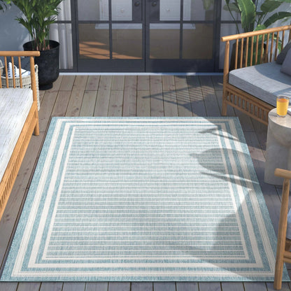 Frankie Modern Stripes Indoor/Outdoor Blue Textured Rug Well Woven