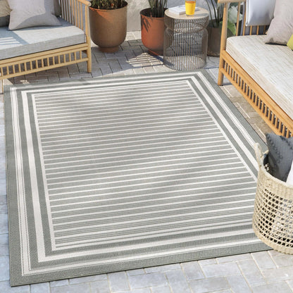 Frankie Modern Stripes Indoor/Outdoor Green Textured Rug Well Woven