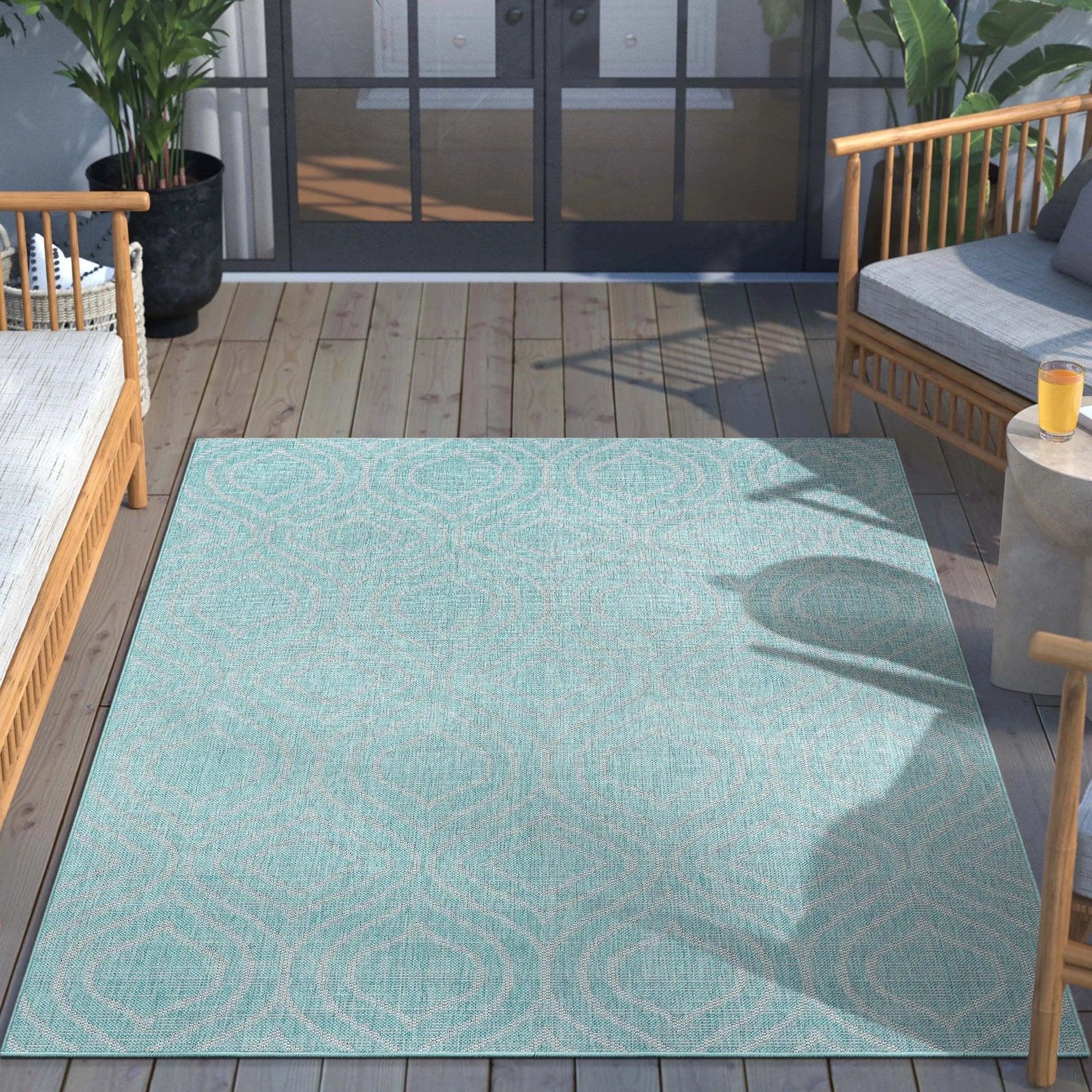 Ludo Lattice Trellis Indoor/Outdoor Blue Textured Rug Well Woven