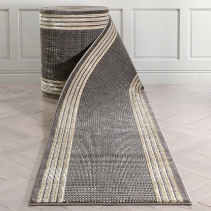Custom Size Runner Waylon Retro Border Solid & Striped Grey Select Your Width x Choose Your Length Hallway Runner Rug Well Woven