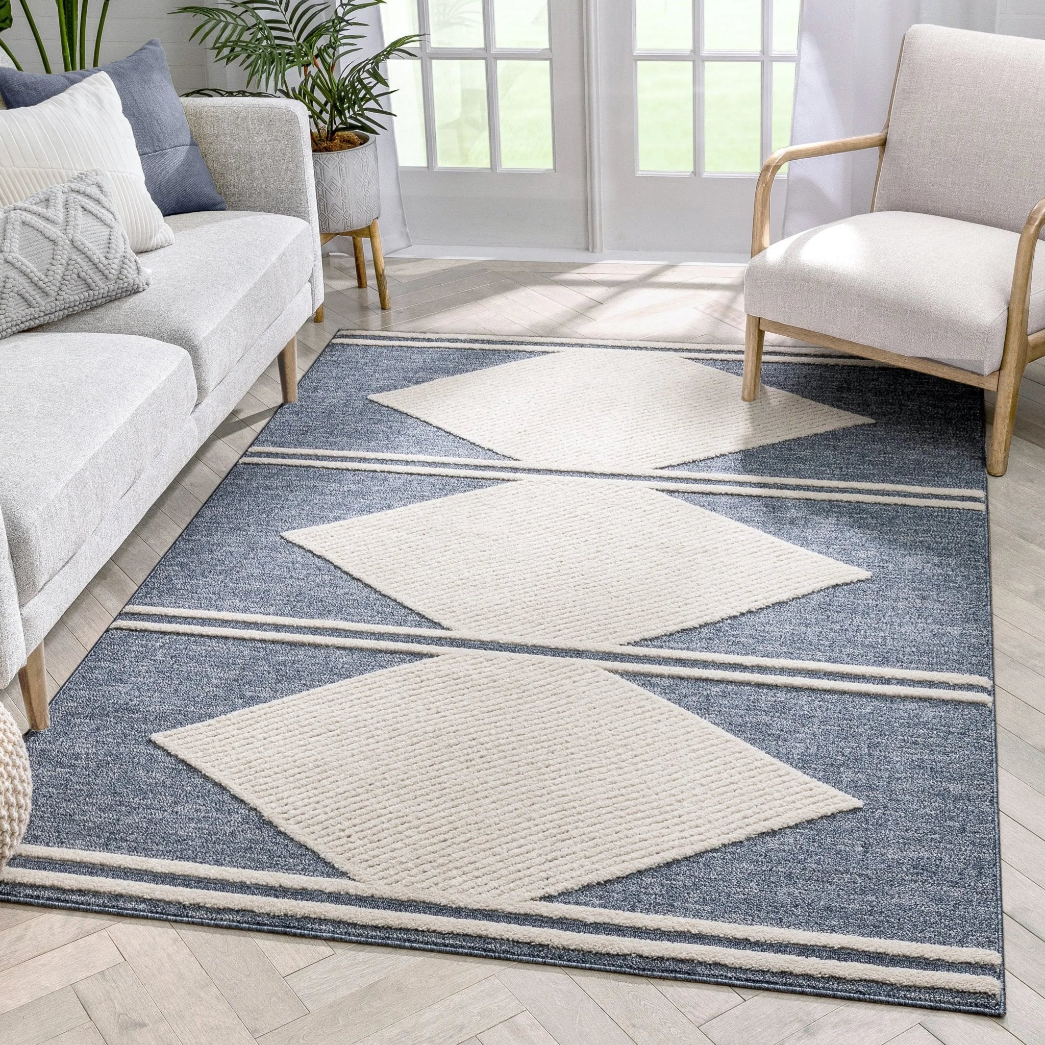 Evie Tribal Diamond Medallion Pattern Blue Looped Pile Rug Well Woven