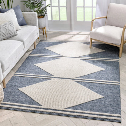 Evie Tribal Diamond Medallion Pattern Blue Looped Pile Rug Well Woven