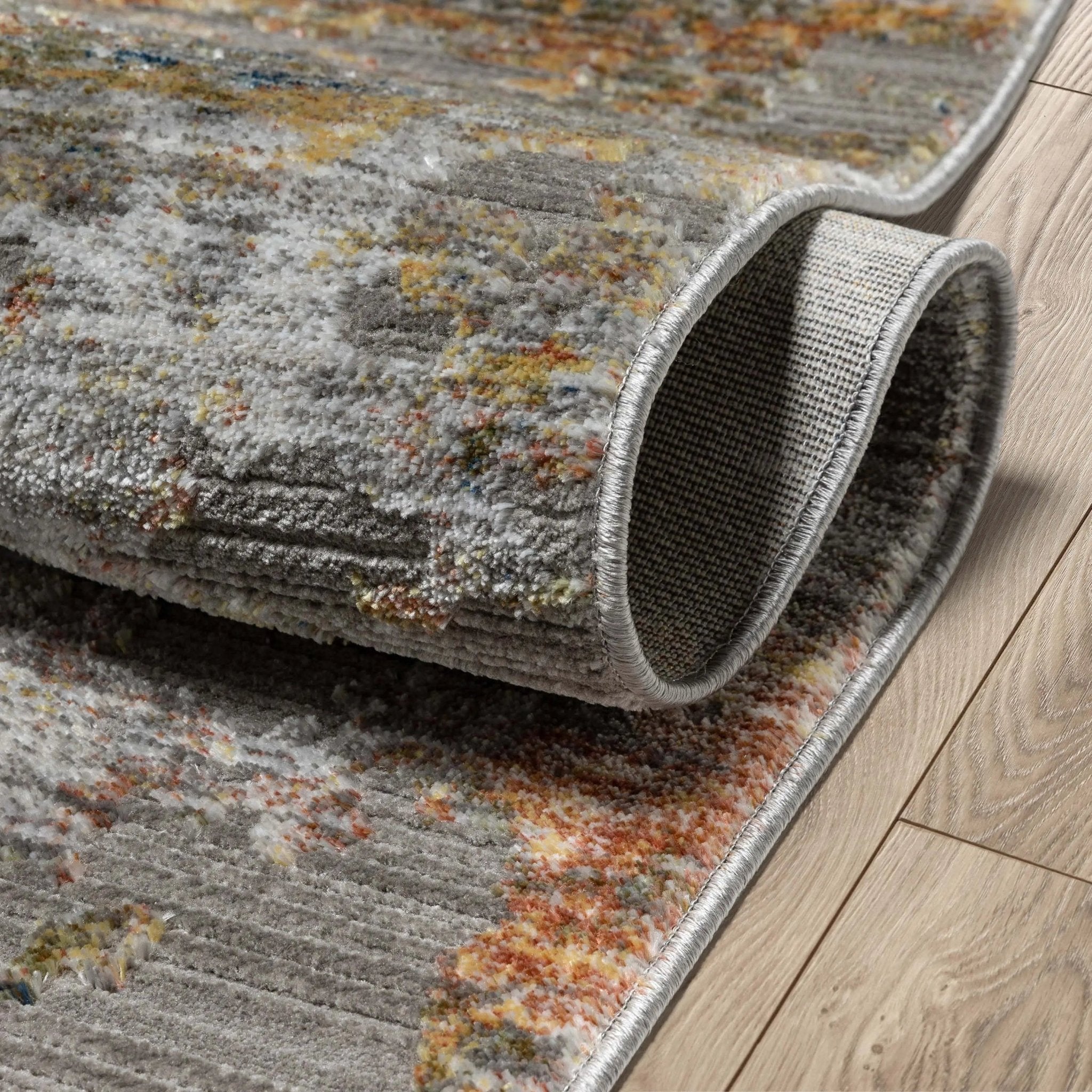 Abstract Modern Distressed Grey Multi High-Low Rug Well Woven