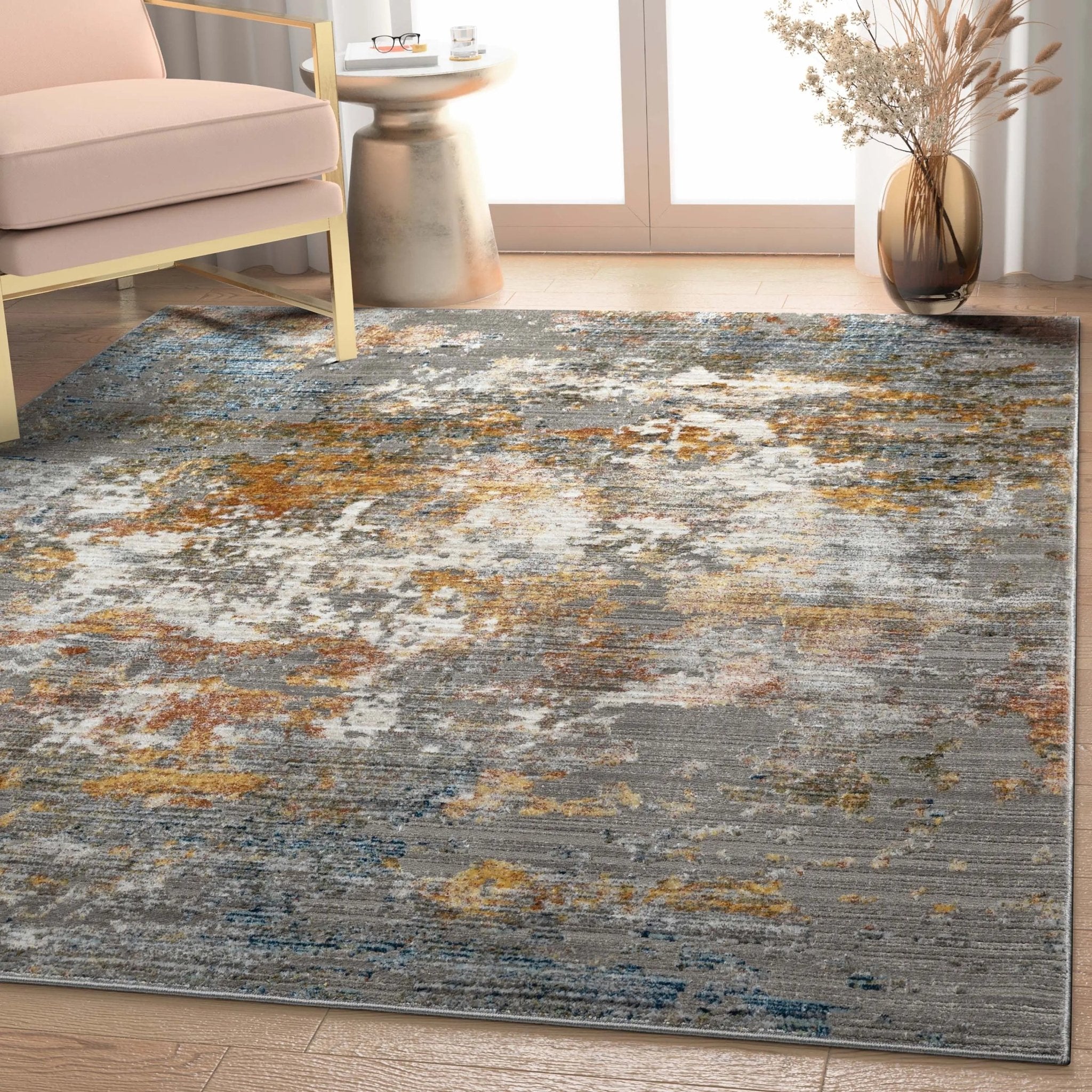Abstract Modern Distressed Grey Multi High-Low Rug Well Woven