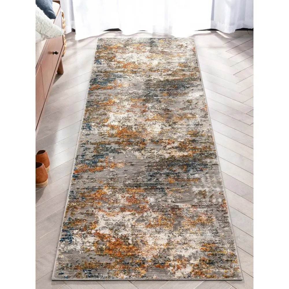 Abstract Modern Distressed Grey Multi High-Low Rug Well Woven