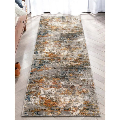 Abstract Modern Distressed Grey Multi High-Low Rug Well Woven