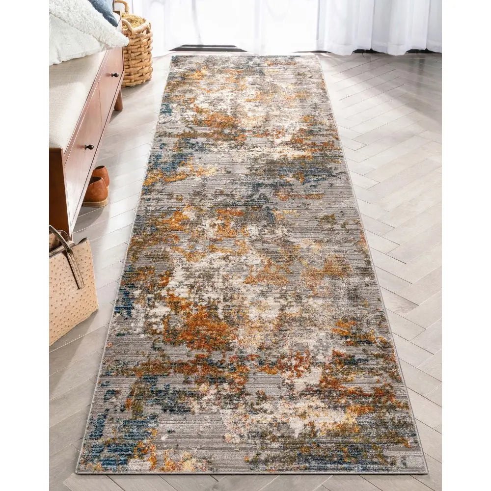Abstract Modern Distressed Grey Multi High-Low Rug Well Woven