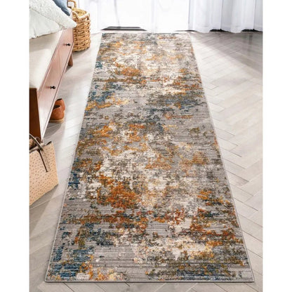 Abstract Modern Distressed Grey Multi High-Low Rug Well Woven