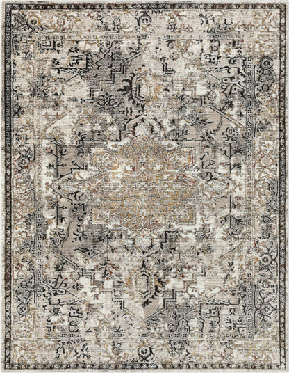Heriz Medallion Modern Vintage Grey Ivory High-Low Rug Well Woven