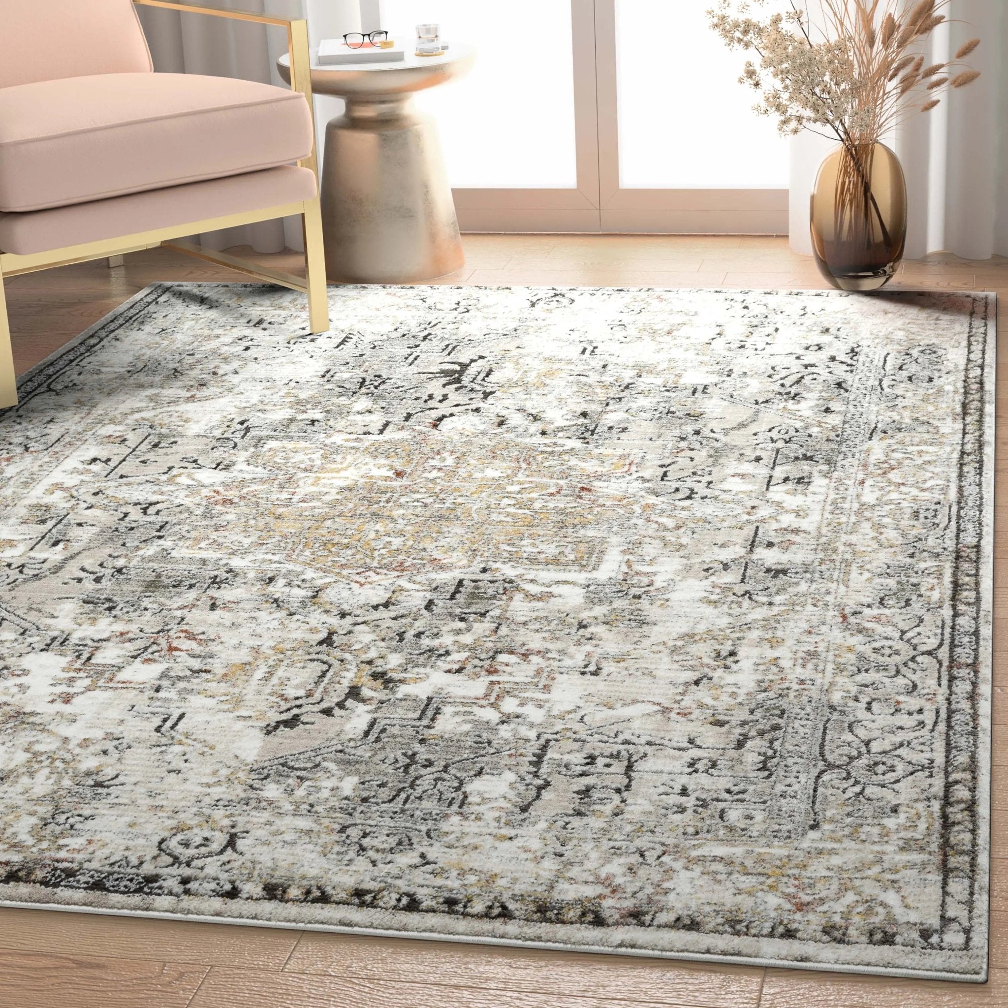 Heriz Medallion Modern Vintage Grey Ivory High-Low Rug Well Woven