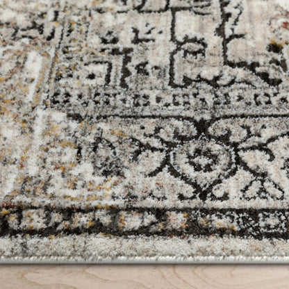 Heriz Medallion Modern Vintage Grey Ivory High-Low Rug Well Woven