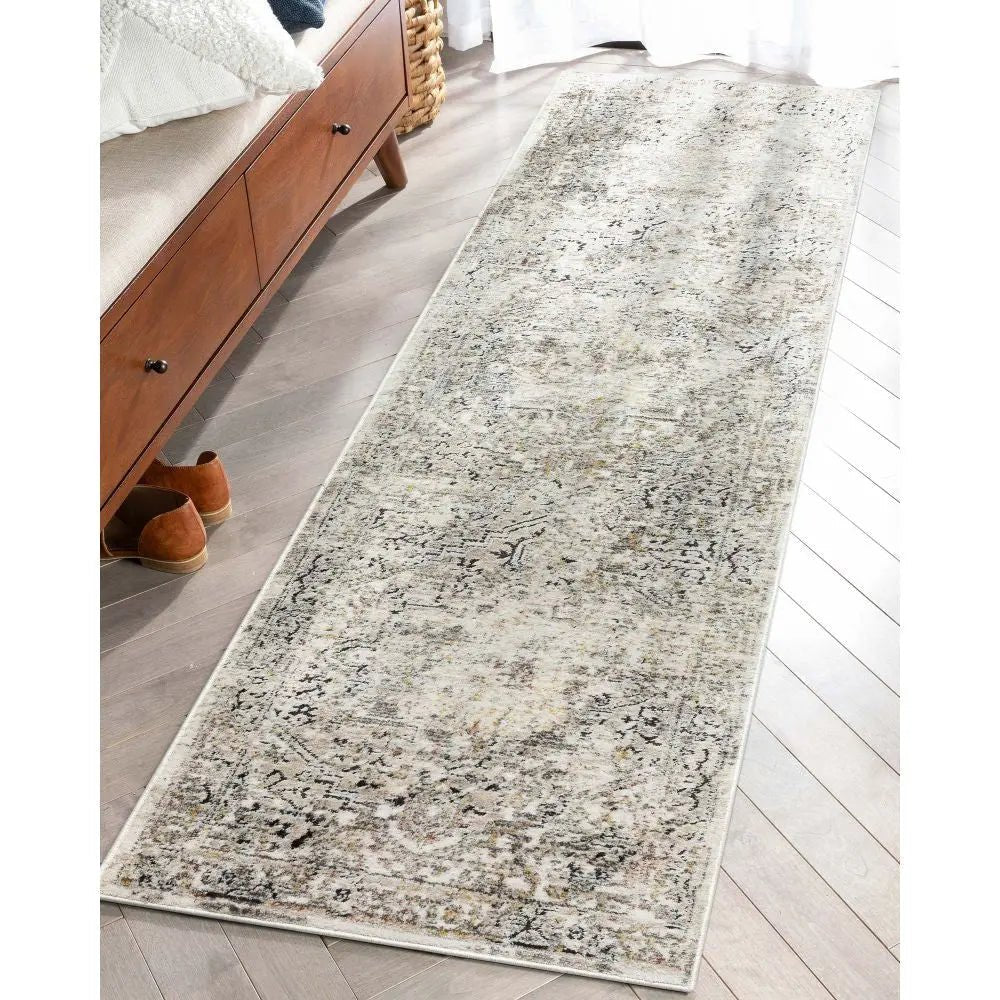 Heriz Medallion Modern Vintage Grey Ivory High-Low Rug Well Woven