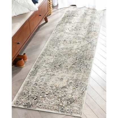 Heriz Medallion Modern Vintage Grey Ivory High-Low Rug Well Woven