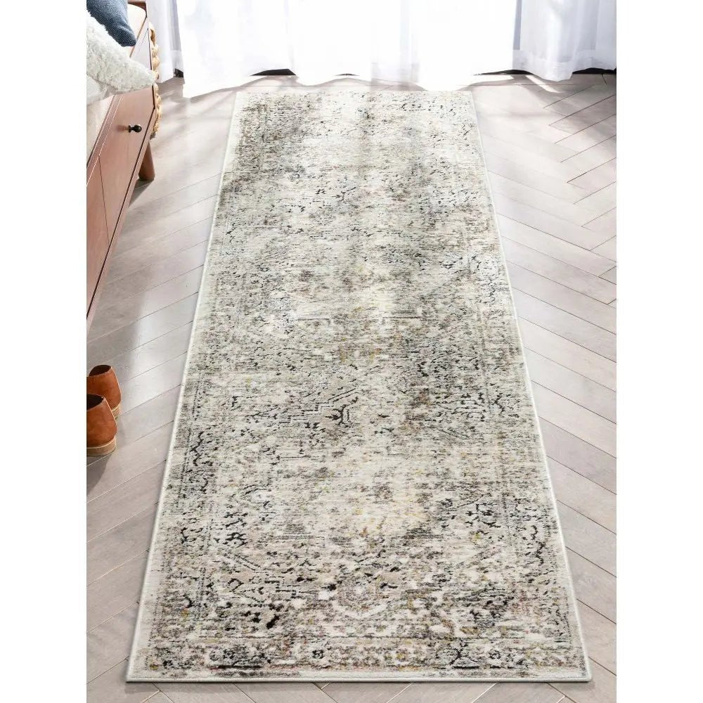 Heriz Medallion Modern Vintage Grey Ivory High-Low Rug Well Woven
