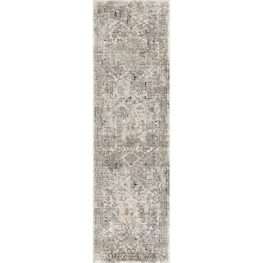 Heriz Medallion Modern Vintage Grey Ivory High-Low Rug Well Woven
