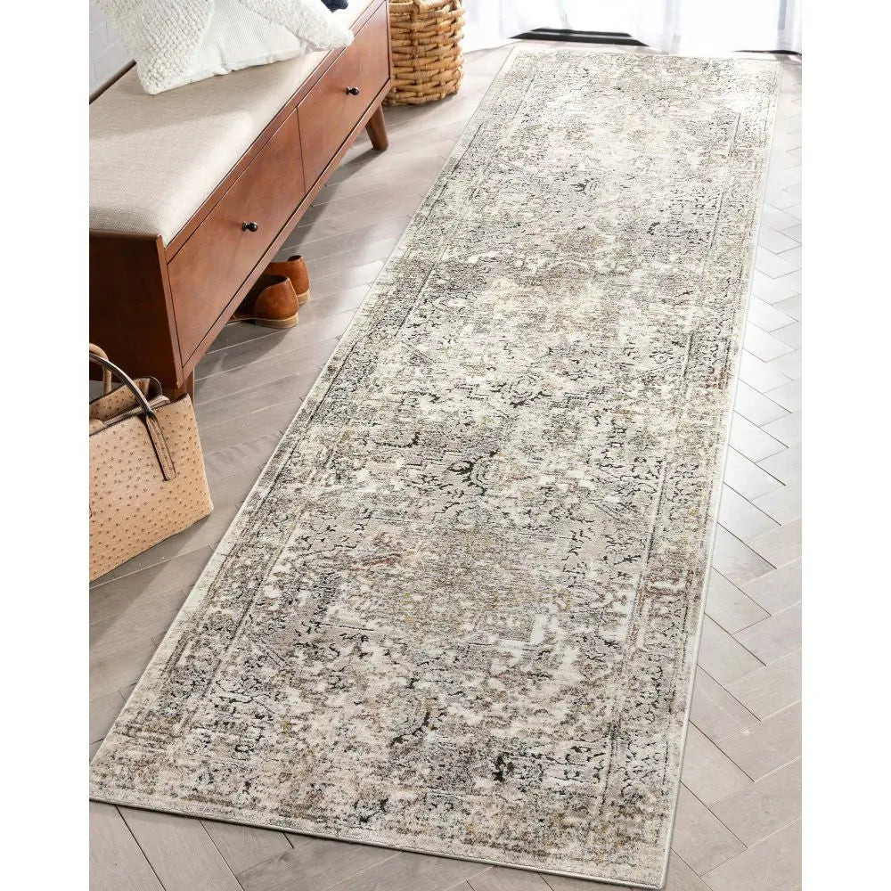 Heriz Medallion Modern Vintage Grey Ivory High-Low Rug Well Woven