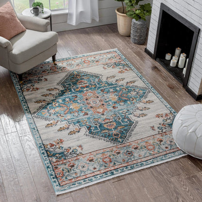 Manor Vintage Bohemian Medallion Oriental Blue Rug Well Woven