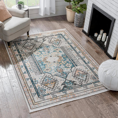 Valeria Bohemian Vintage Oriental Botanical Blue Rug Well Woven