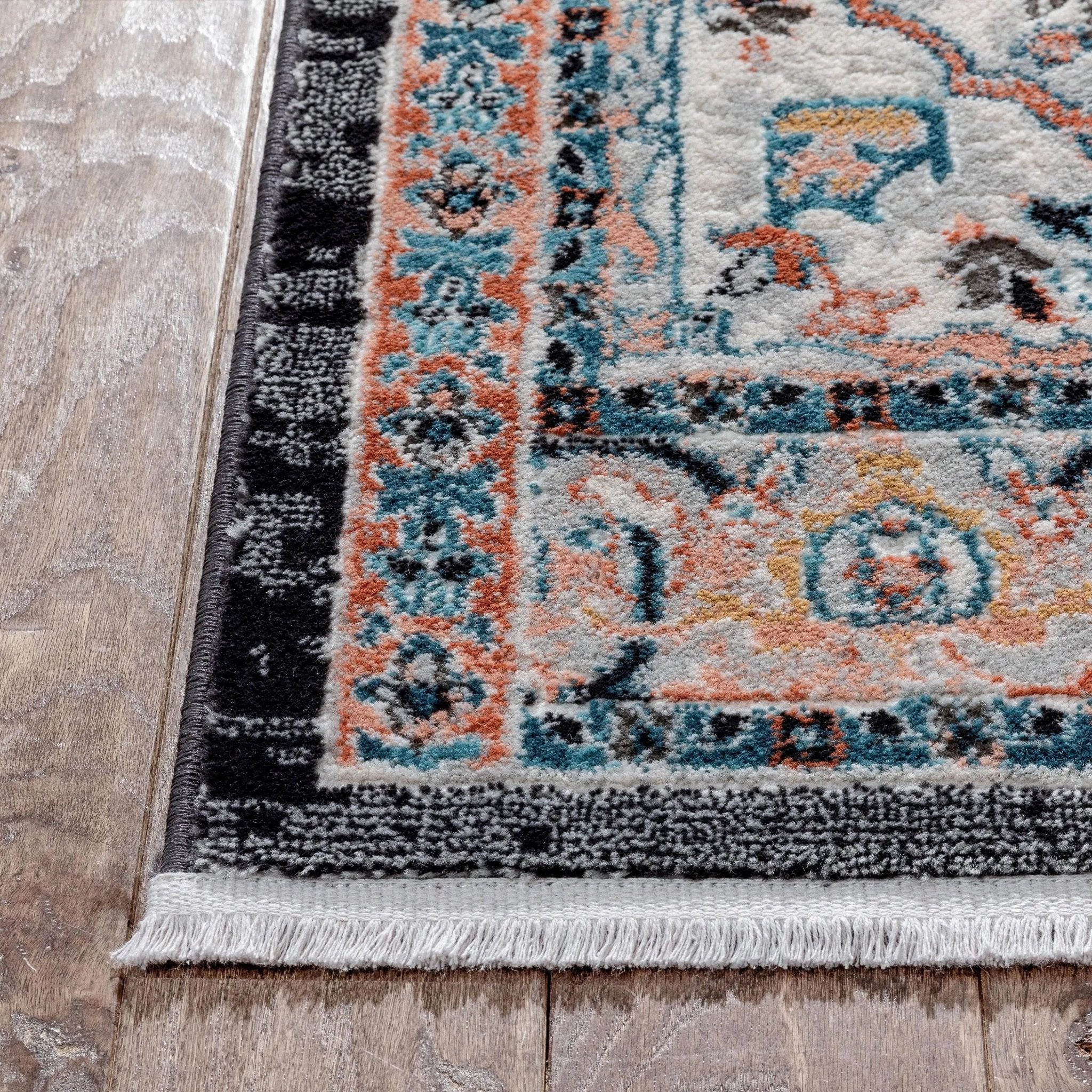 Minos Vintage Bohemian Oriental Floral Black Rug Well Woven
