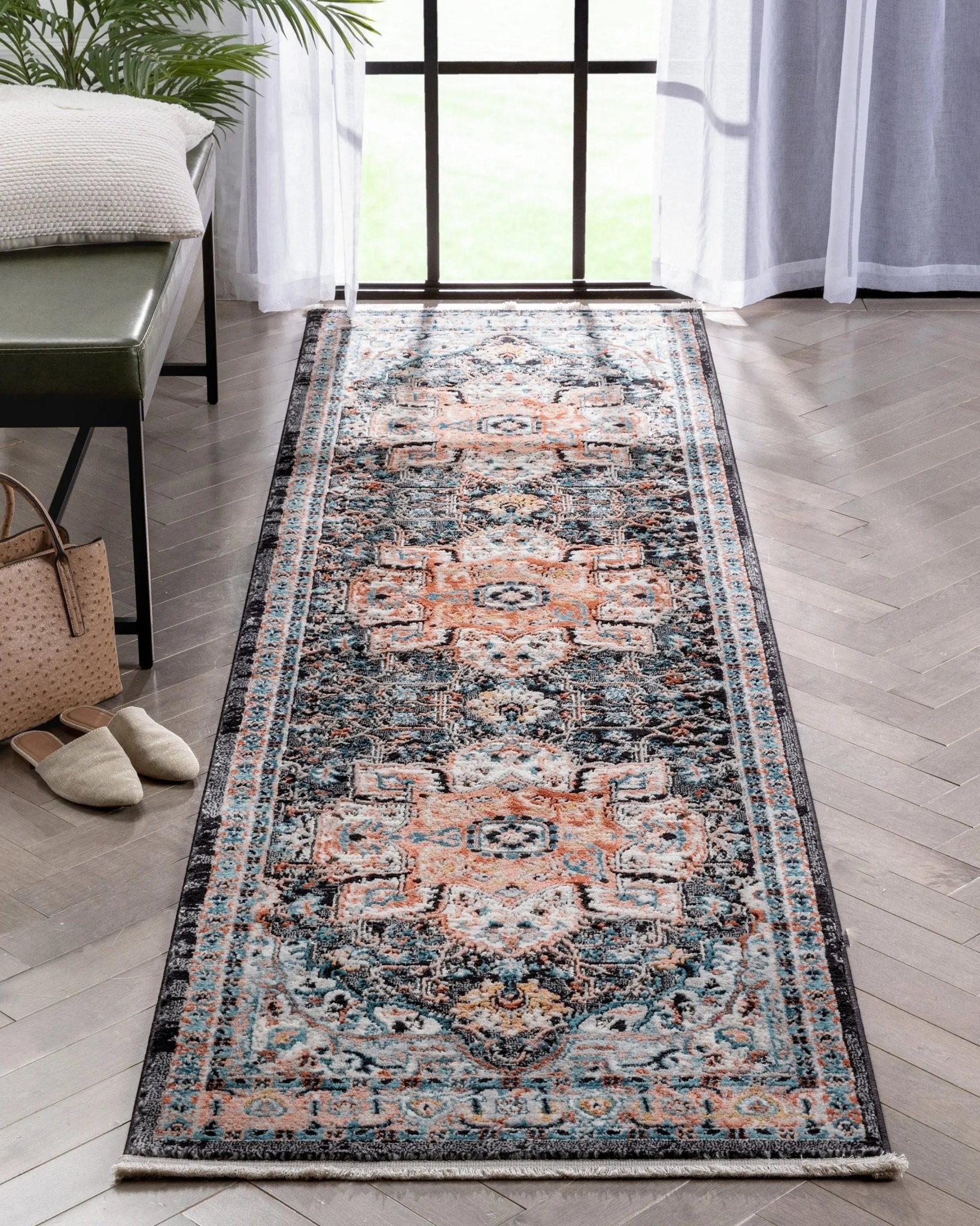 Minos Vintage Bohemian Oriental Floral Black Rug Well Woven