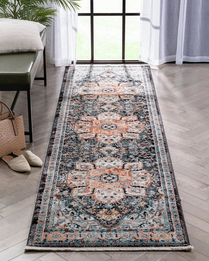 Minos Vintage Bohemian Oriental Floral Black Rug Well Woven